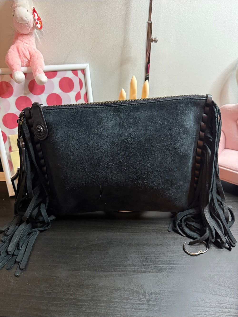 NFS-Coach 1941 Turnlock Wristlet 30 Black Suede Fringe Clutch